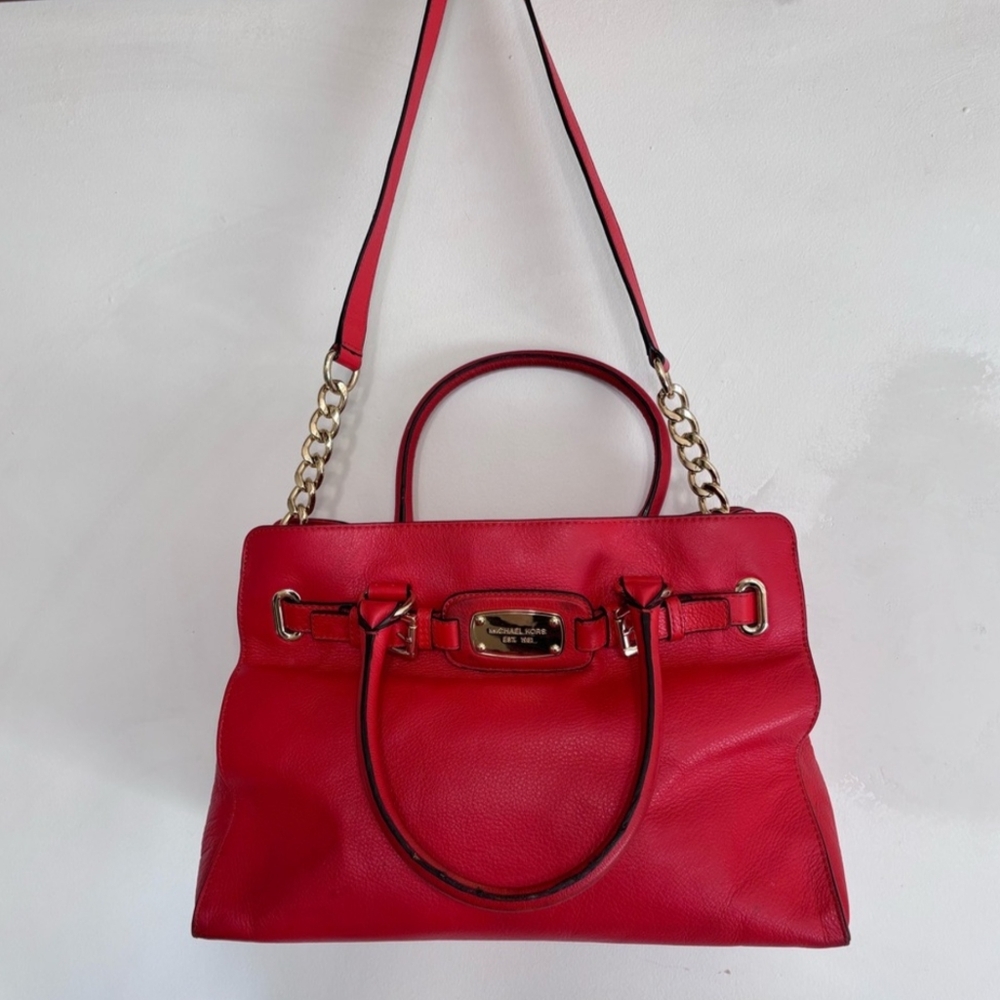 Michael Kors Red Leather Shoulder Tote with Gold Chain Accents